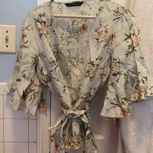 ZARA Linen Floral Blouse